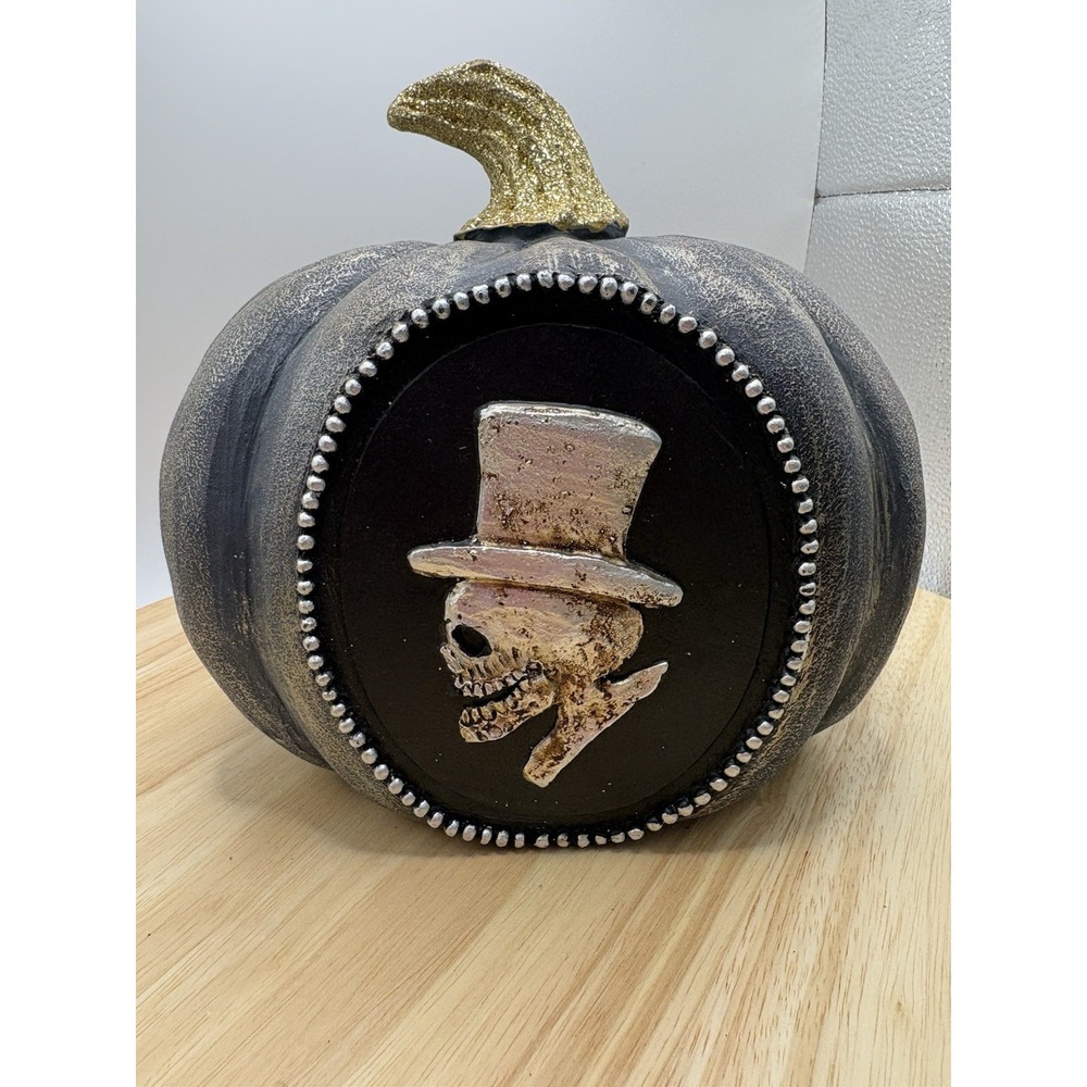 Halloween Gray Silver Gold Black Gothic Pumpkin Skeleton Skull Top Hat New